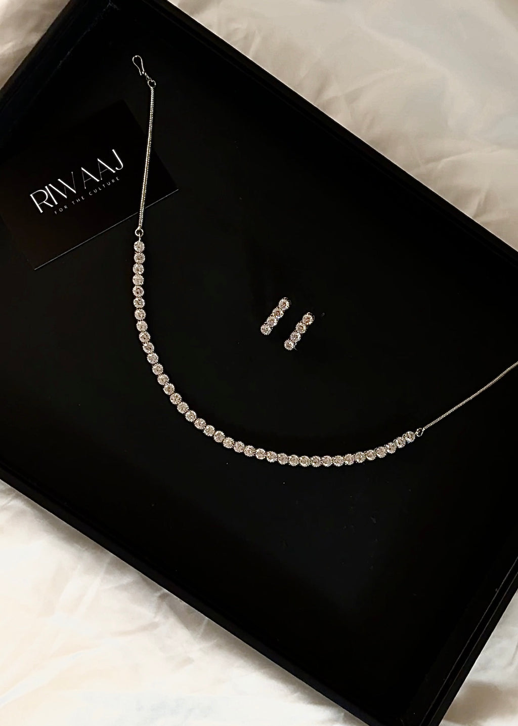 Dainty Silver American Diamond Tennis Necklace Set with Earrings | AD Jewellery