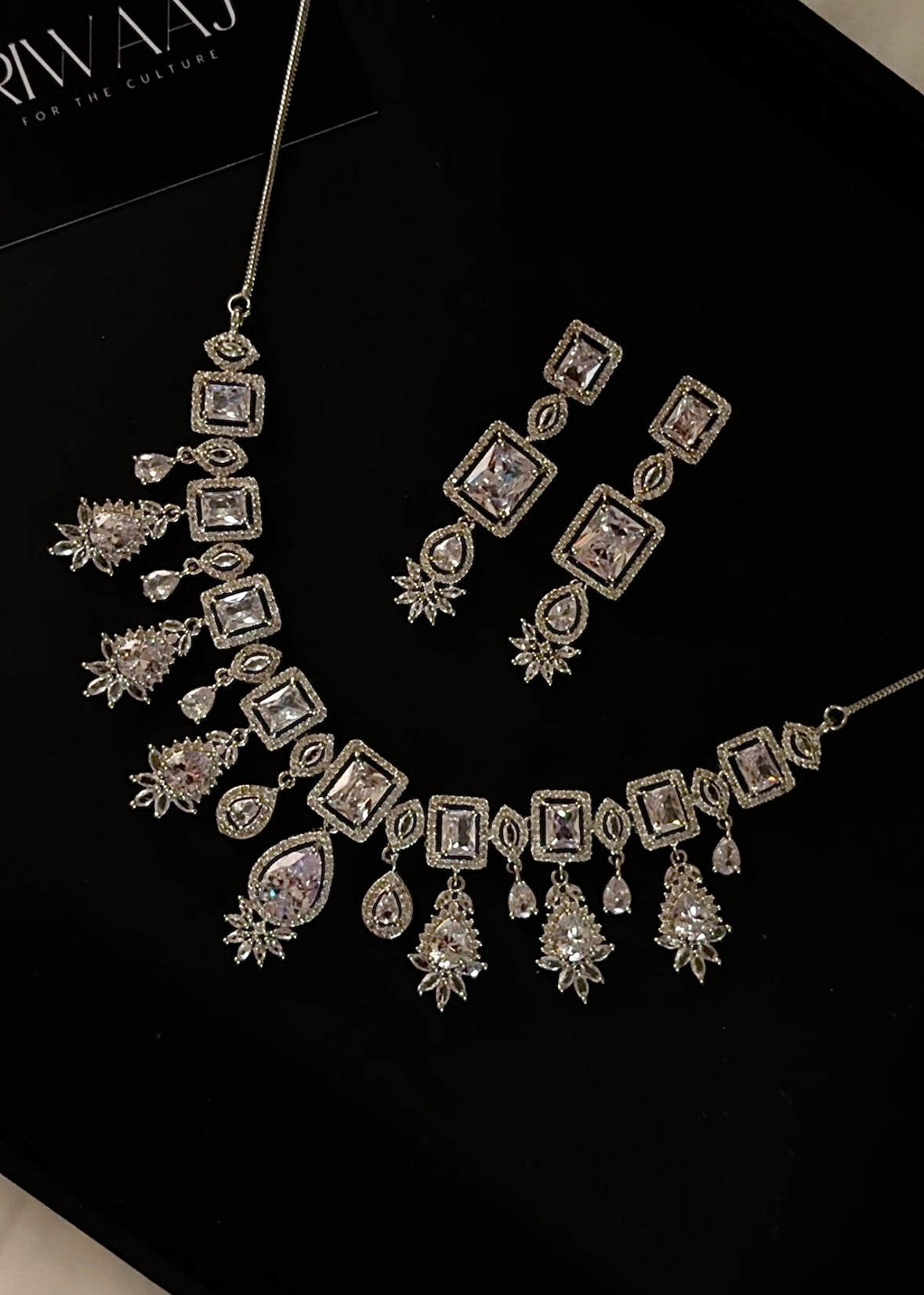 White Silver American Diamond Bib Necklace Set with Earrings | Bridal AD Jewellery
