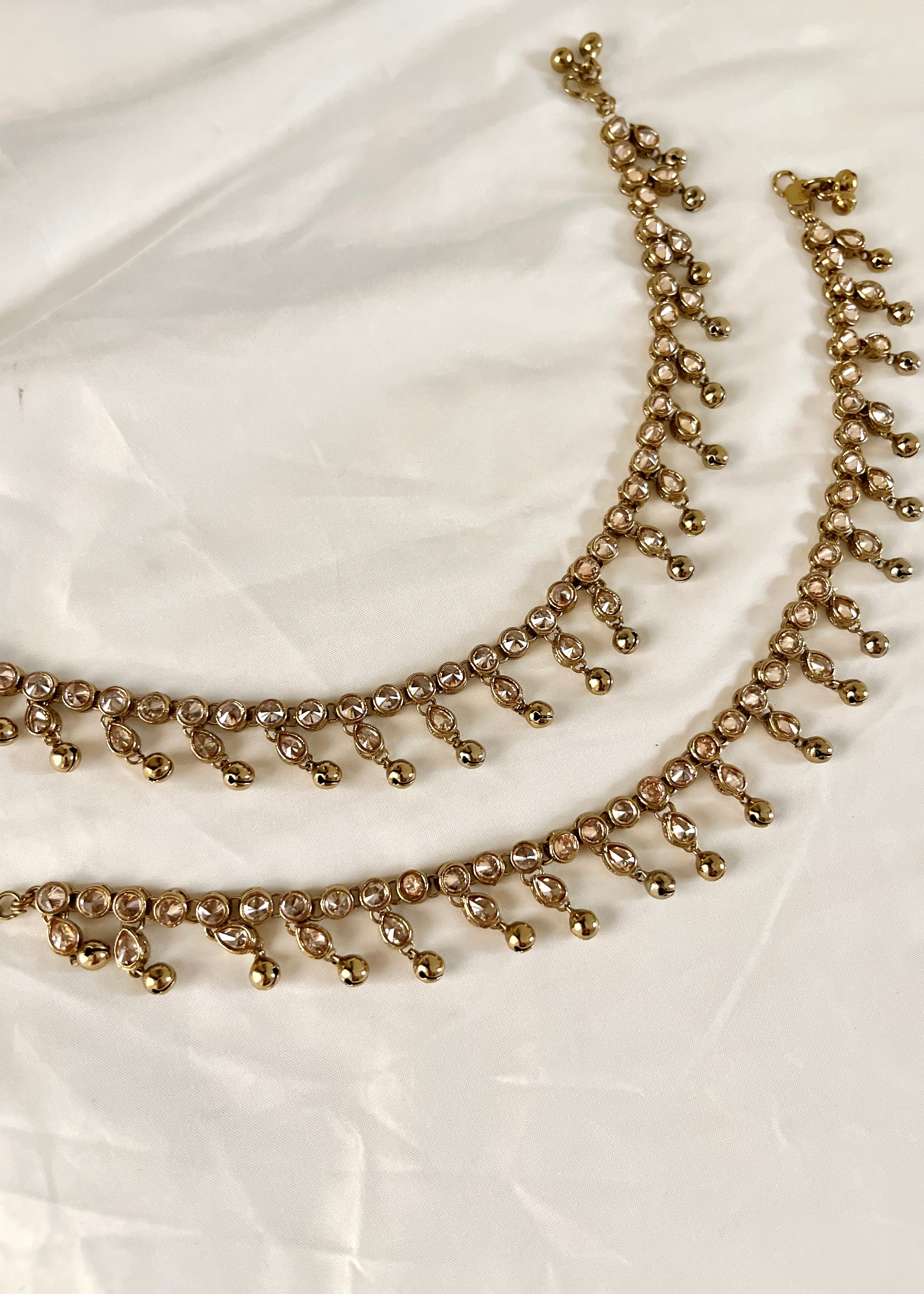 Golden Ghungroo & Crystal Anklets (pair)
