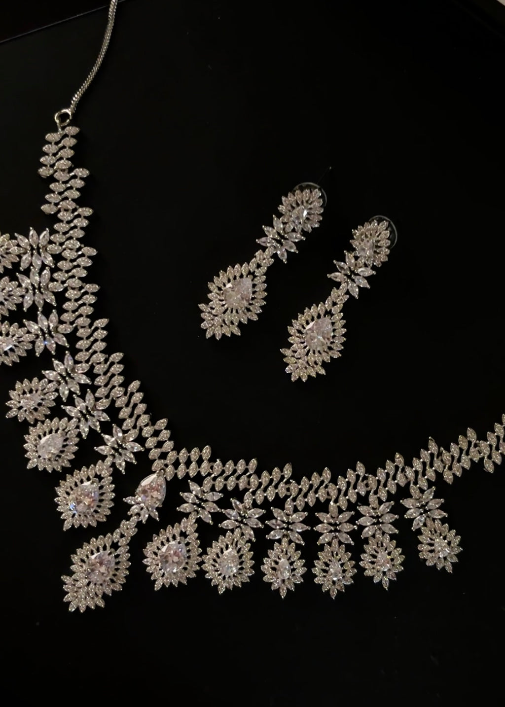 White Silver American Diamond Necklace Set with Earrings | Bridal AD Jewellery