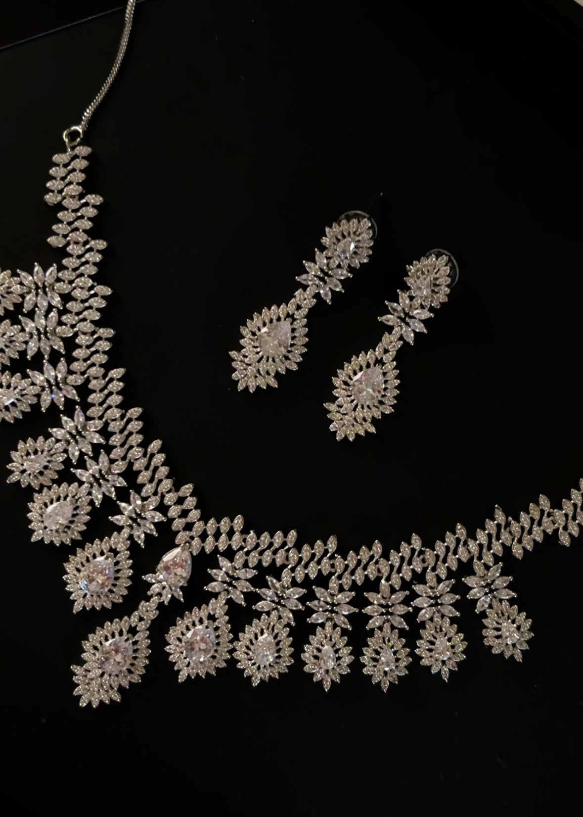 White Silver American Diamond Necklace Set with Earrings | Bridal AD Jewellery