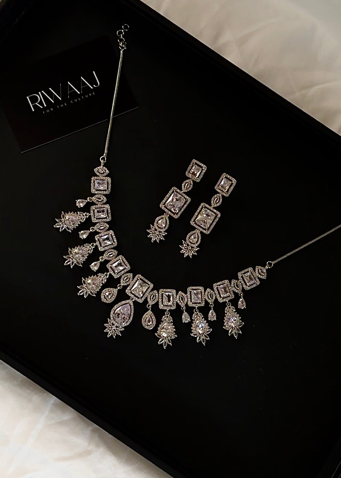 White Silver American Diamond Bib Necklace Set with Earrings | Bridal AD Jewellery