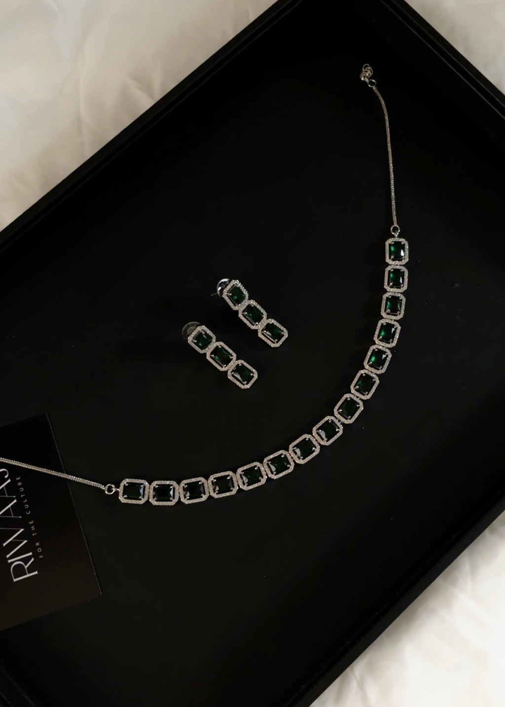 Emerald Green American Diamond Square Stone Necklace Set with Earrings | AD Jewellery