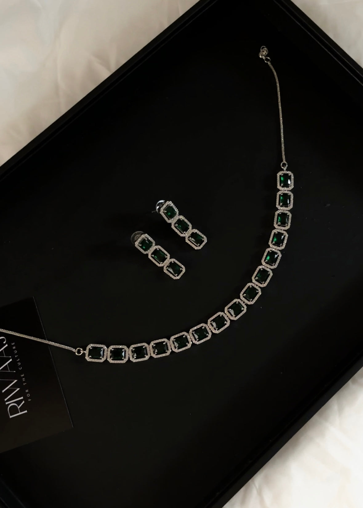 Emerald Green American Diamond Square Stone Necklace Set with Earrings | AD Jewellery
