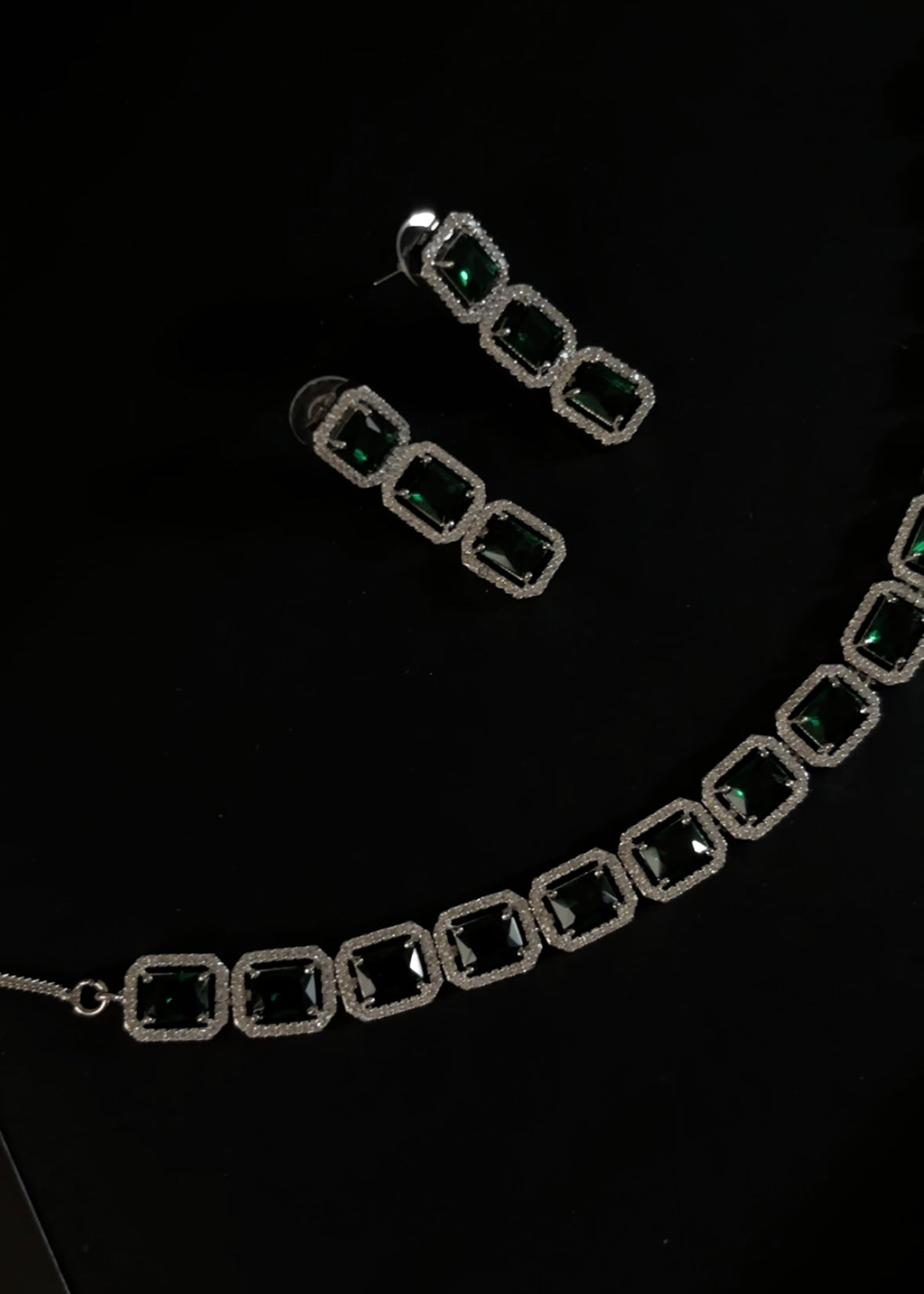 Emerald Green American Diamond Square Stone Necklace Set with Earrings | AD Jewellery