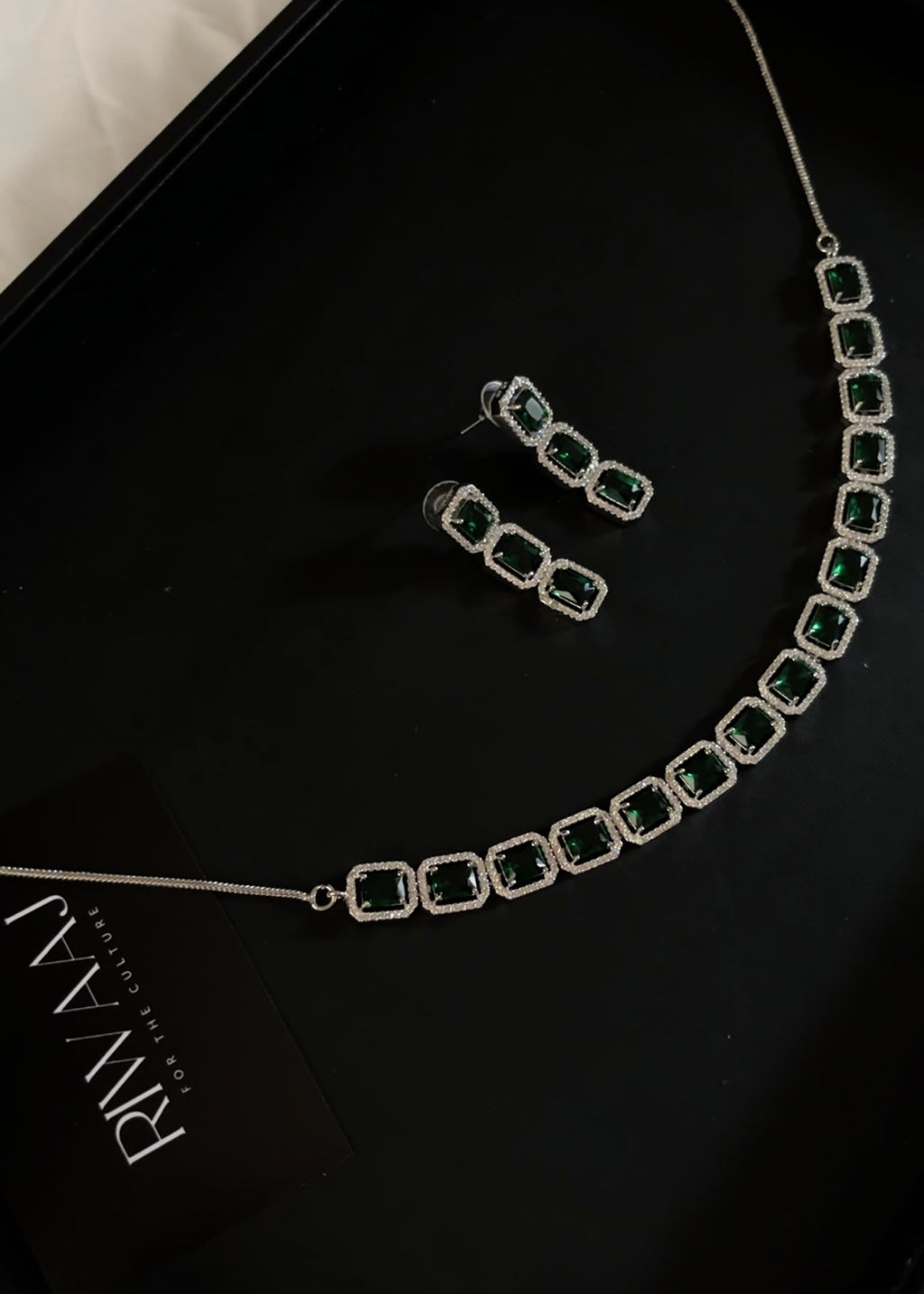 Emerald Green American Diamond Square Stone Necklace Set with Earrings | AD Jewellery