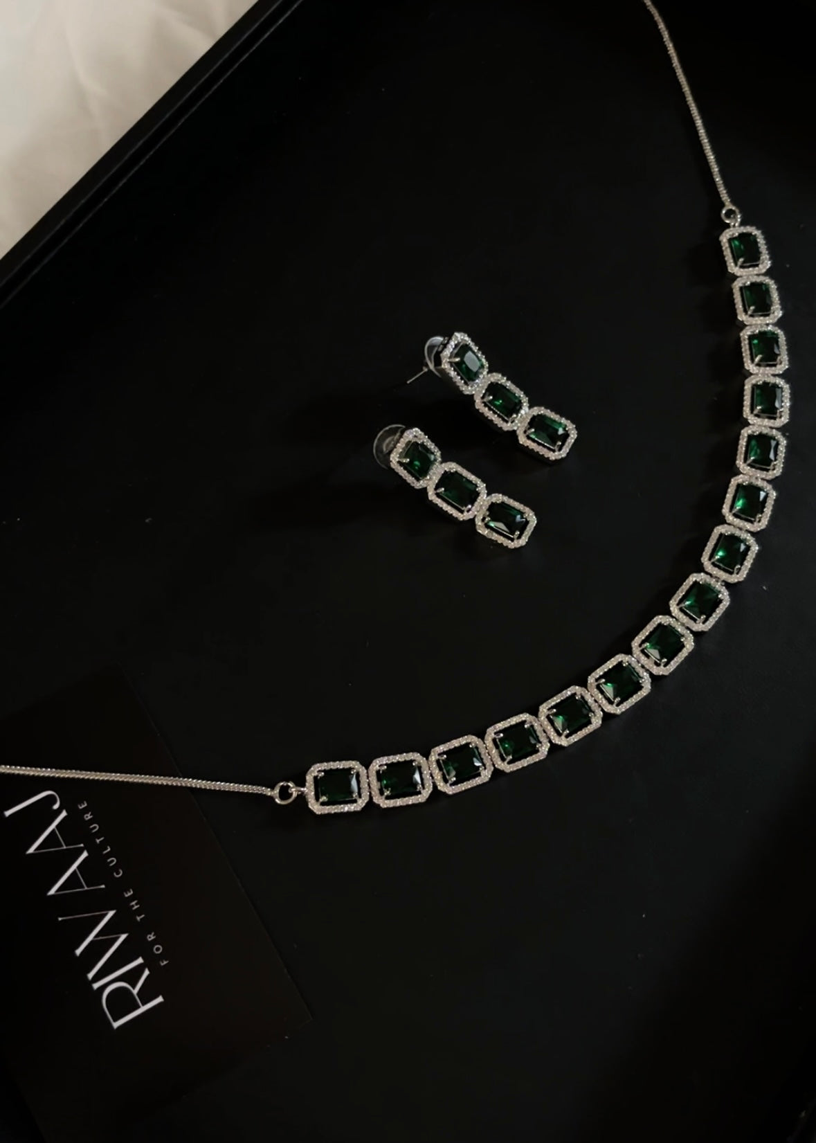 Emerald Green American Diamond Square Stone Necklace Set with Earrings | AD Jewellery