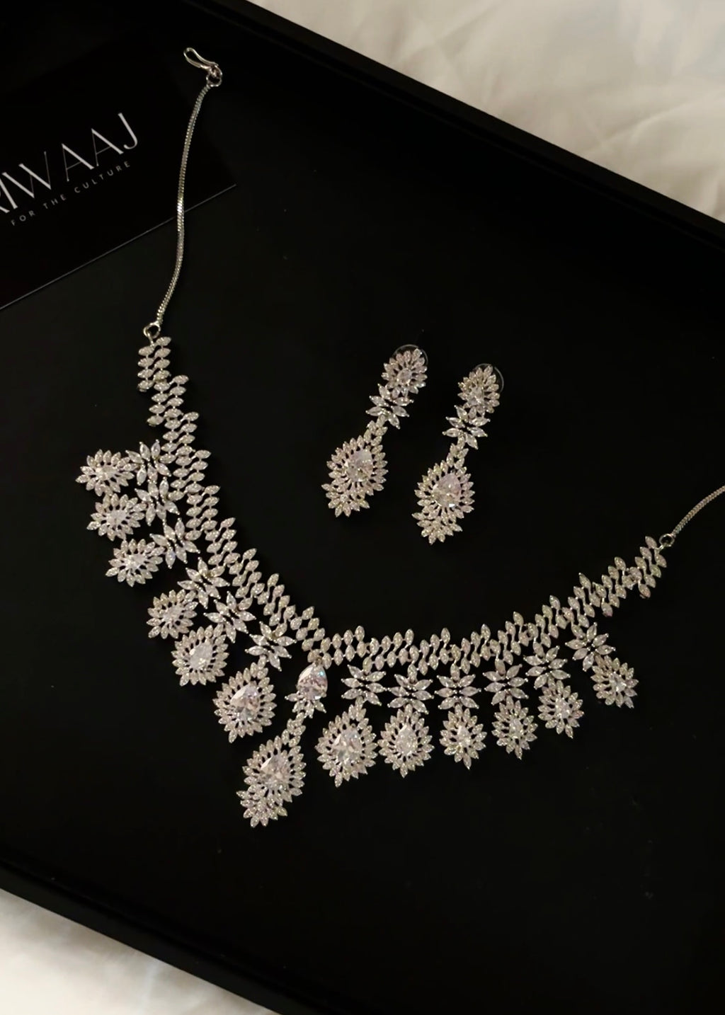 White Silver American Diamond Necklace Set with Earrings | Bridal AD Jewellery
