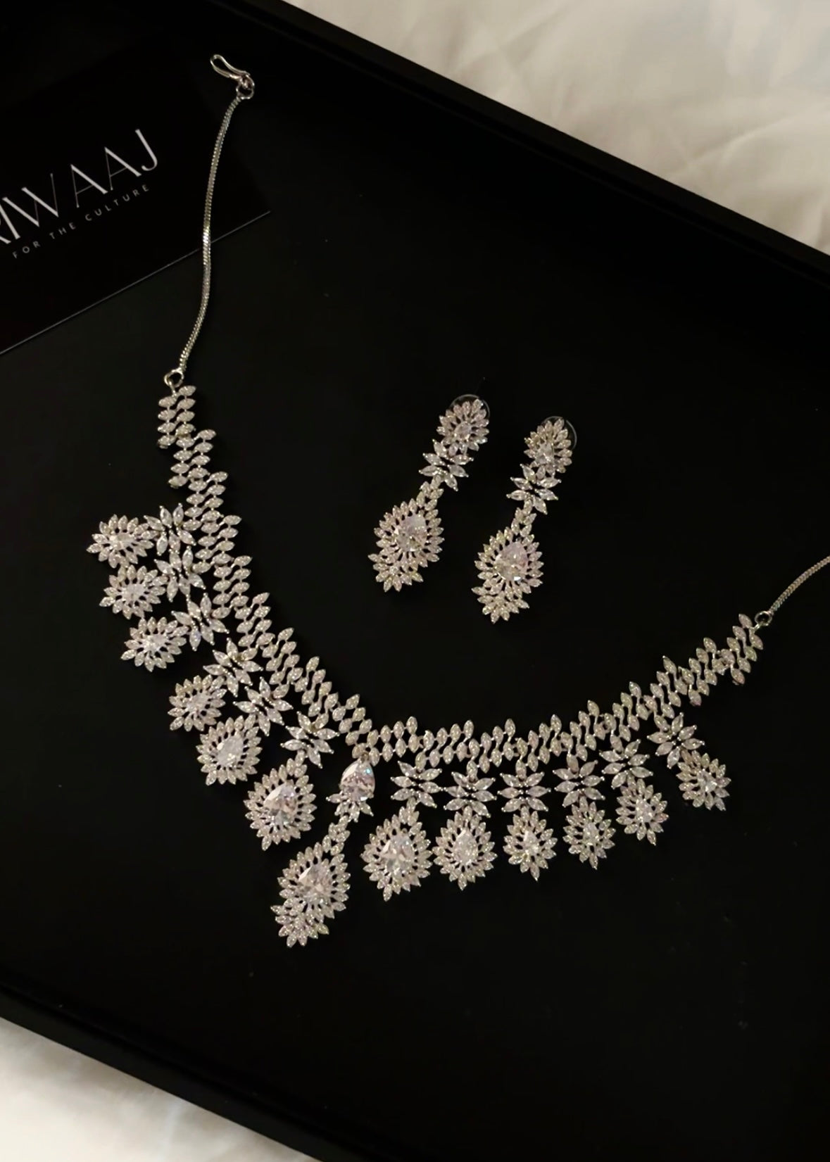 White Silver American Diamond Necklace Set with Earrings | Bridal AD Jewellery