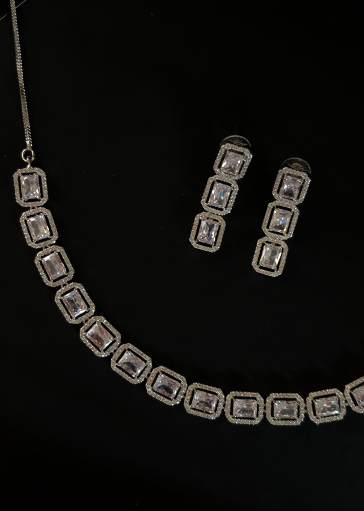 White Silver American Diamond Square Stone Necklace Set with Earrings | AD Jewellery