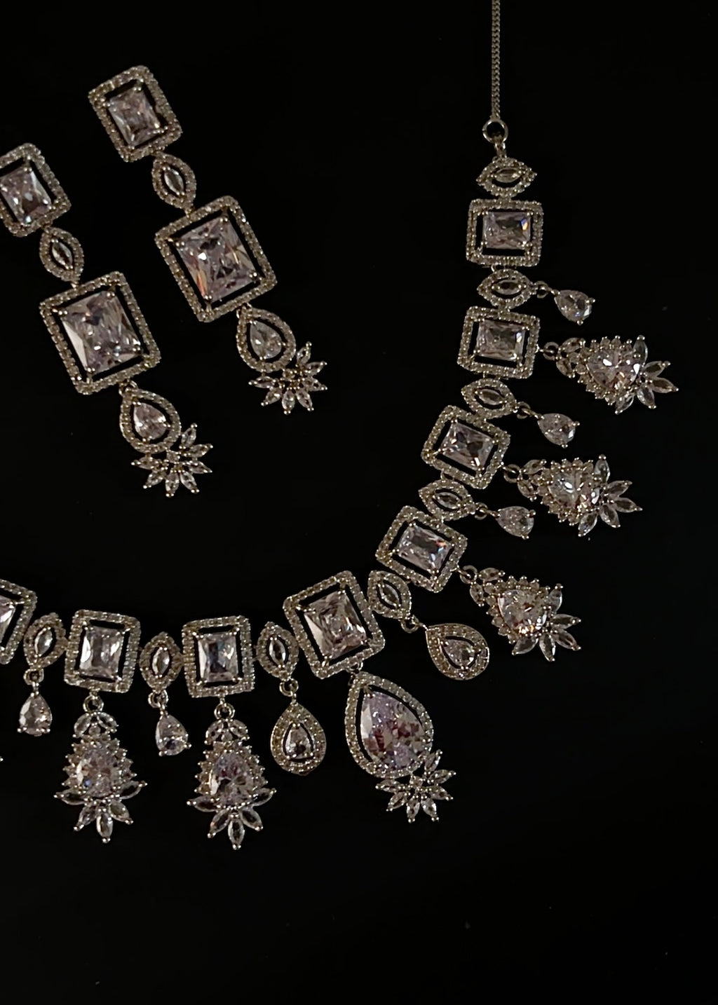 White Silver American Diamond Bib Necklace Set with Earrings | Bridal AD Jewellery