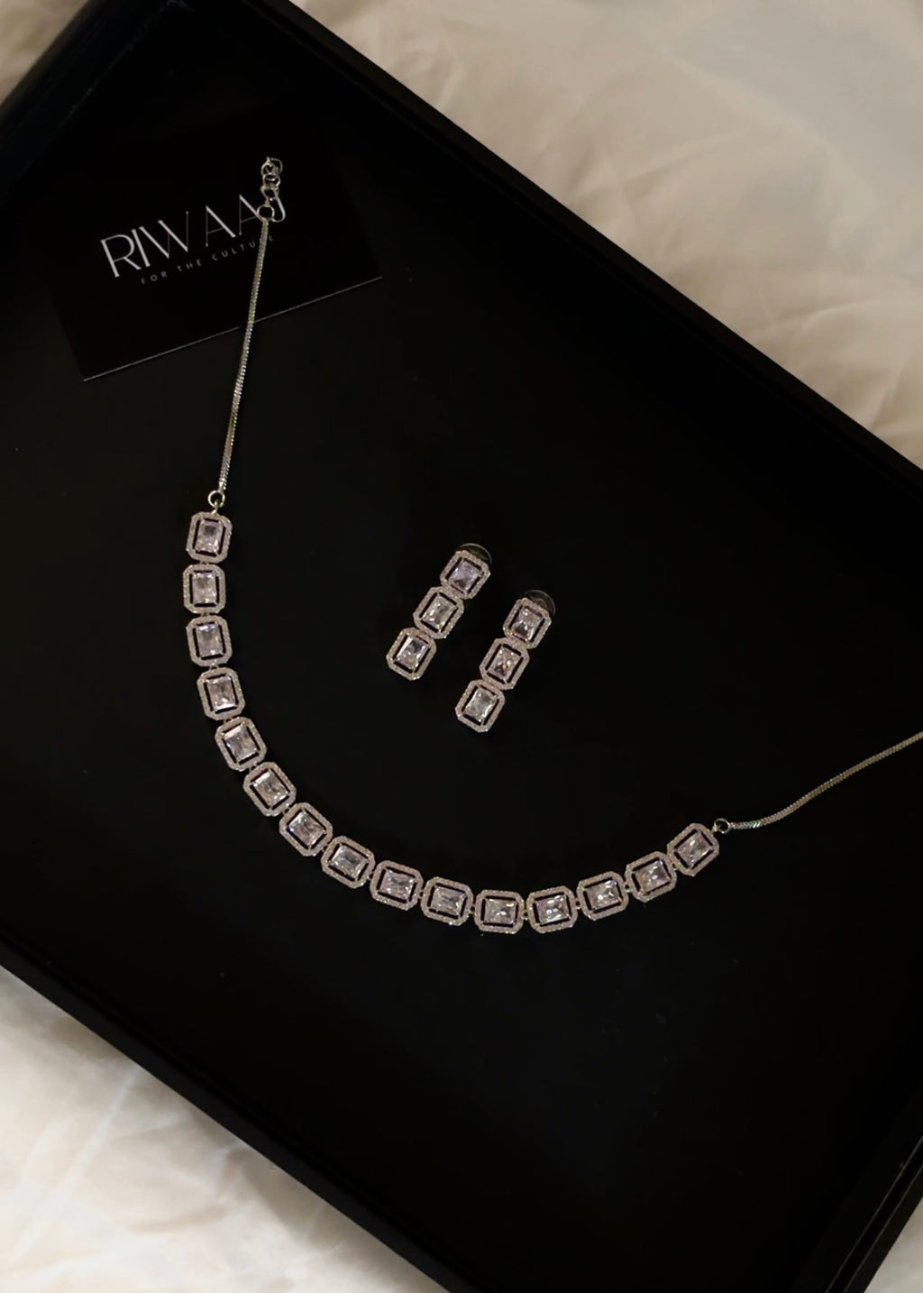 White Silver American Diamond Square Stone Necklace Set with Earrings | AD Jewellery