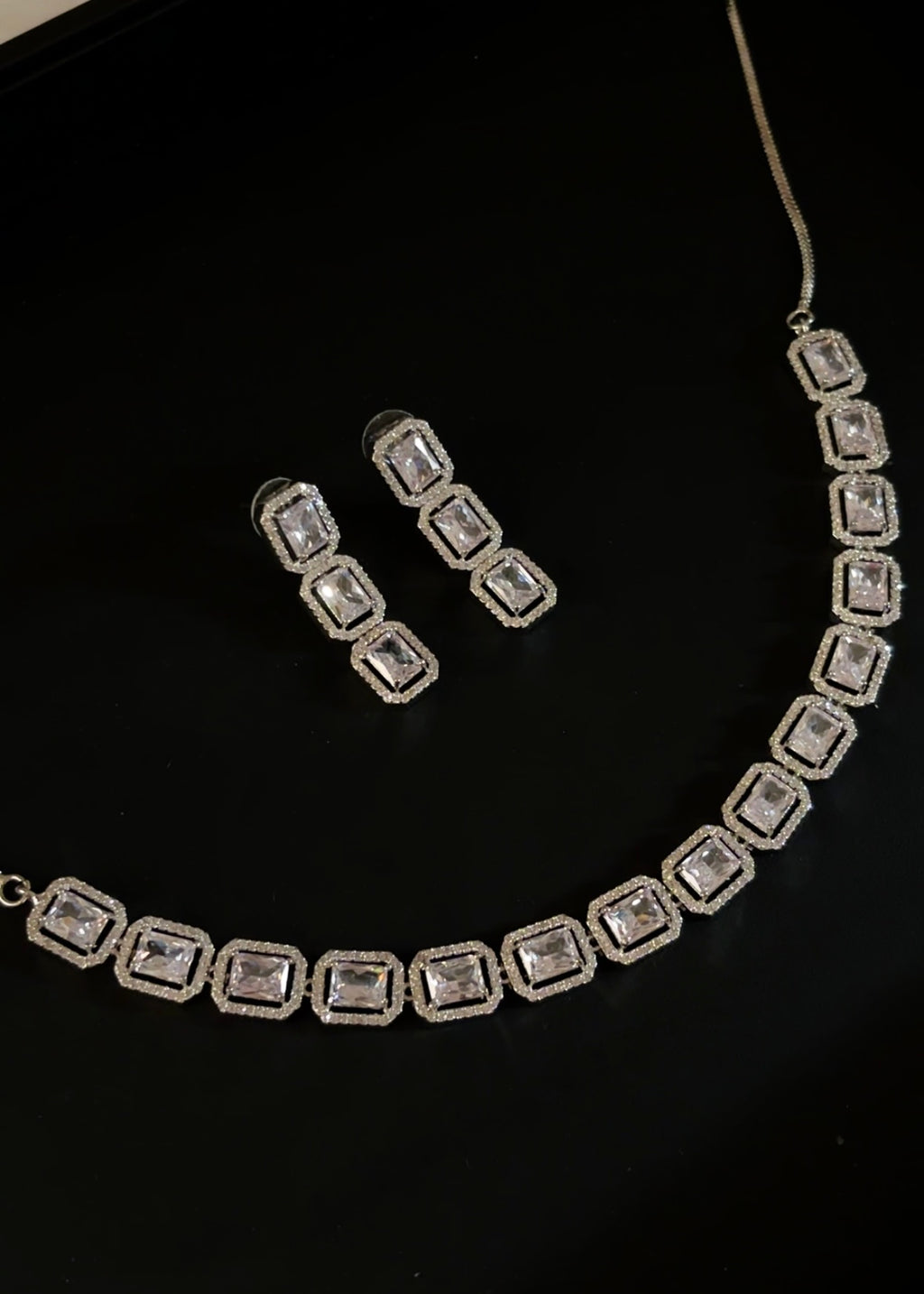 White Silver American Diamond Square Stone Necklace Set with Earrings | AD Jewellery