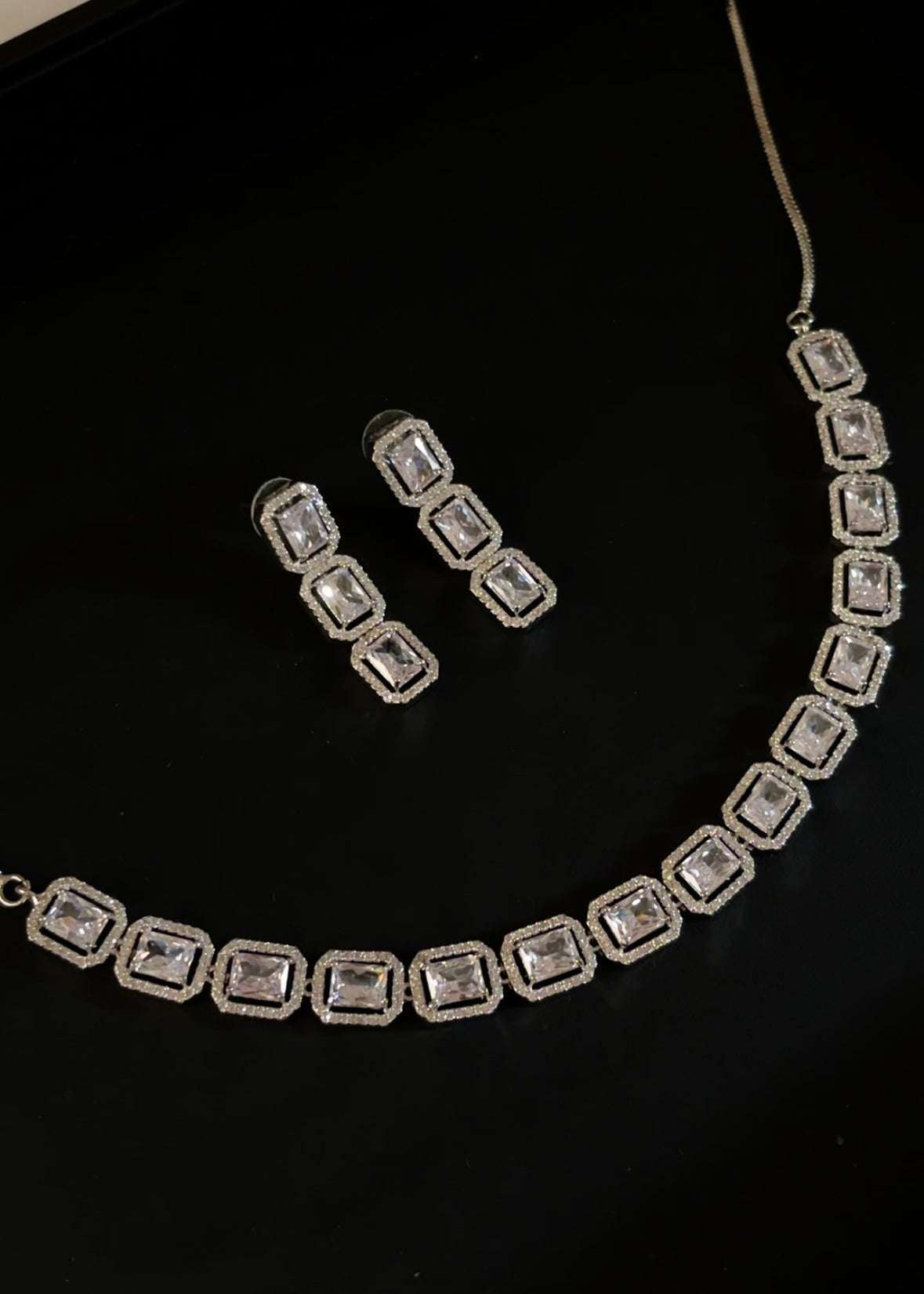 White Silver American Diamond Square Stone Necklace Set with Earrings | AD Jewellery